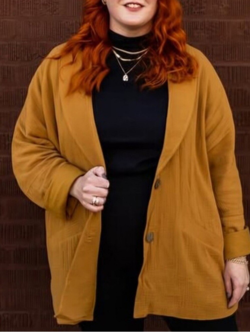 Mustard Yellow Boho Oversized Shawl Collar Blazer Jacket Cardigan Cotton Gauze L